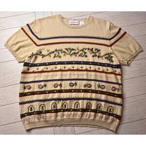 Alfred Dunner Women Knit SS Beaded Embroidered Sweater L Cottagecore Teachercore